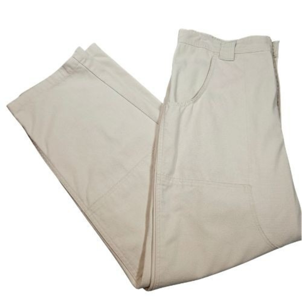 LL Bean Mens Double Knee Work Pants Cream Cotton Canvas Utility Trousers 36x30